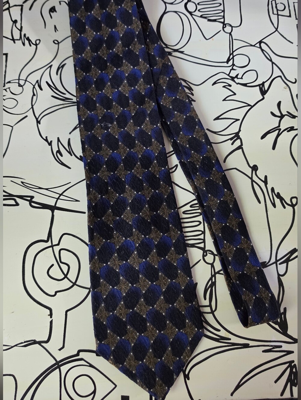 Vintage Format Silk Tie Blue Gold Diamond Geometric Long Necktie Made in Japan
